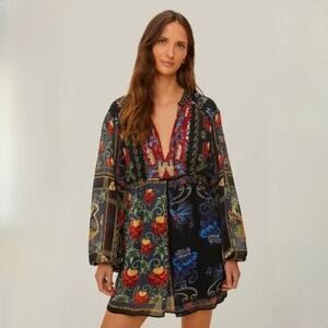 NWT FARM Rio Mixed Arabesque Scarves Long Sleeve Mini Dress - Black - Size M